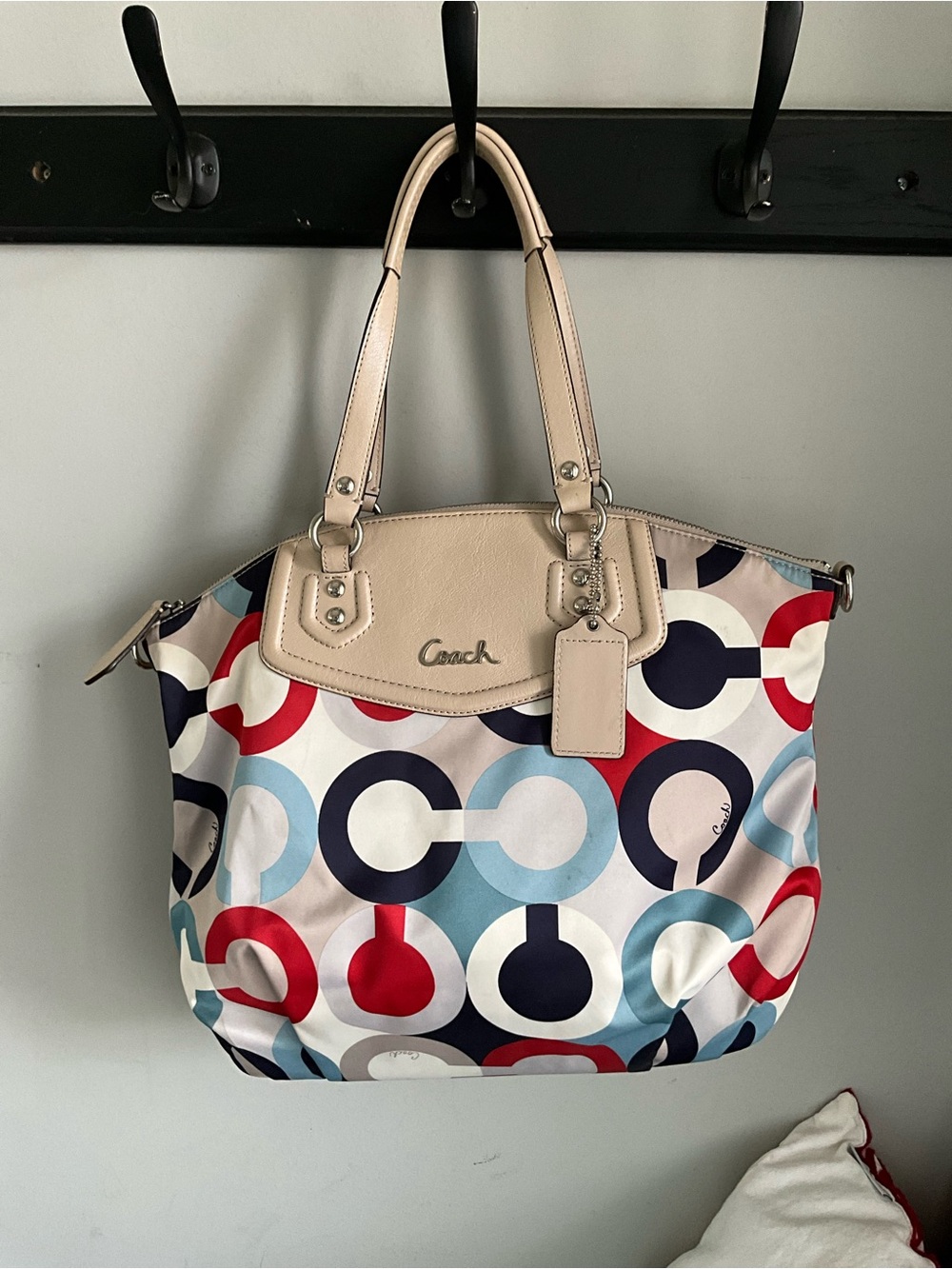 Coach Multicolor Circle Print Tote with Cream Leather Handles